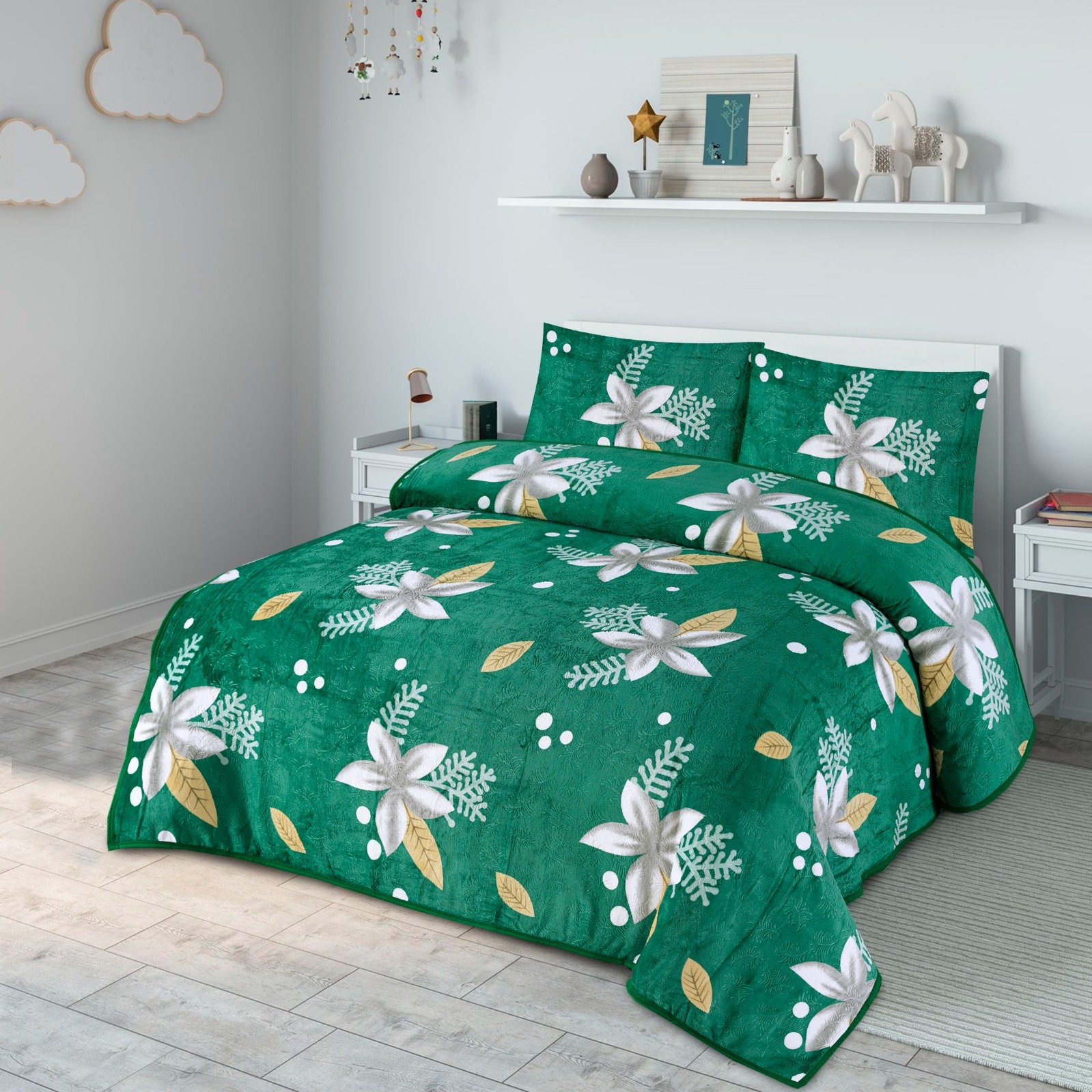 Green floral flannel blanket set by ATC Beddings for winter comfort